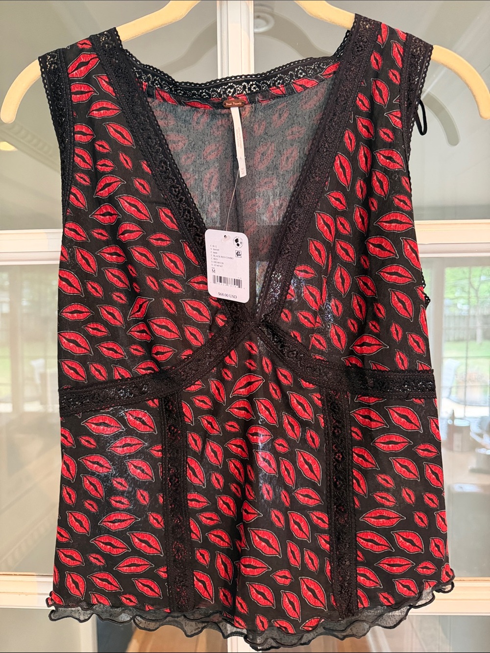 Free People Black Sheer Camisole with Red Lip Print